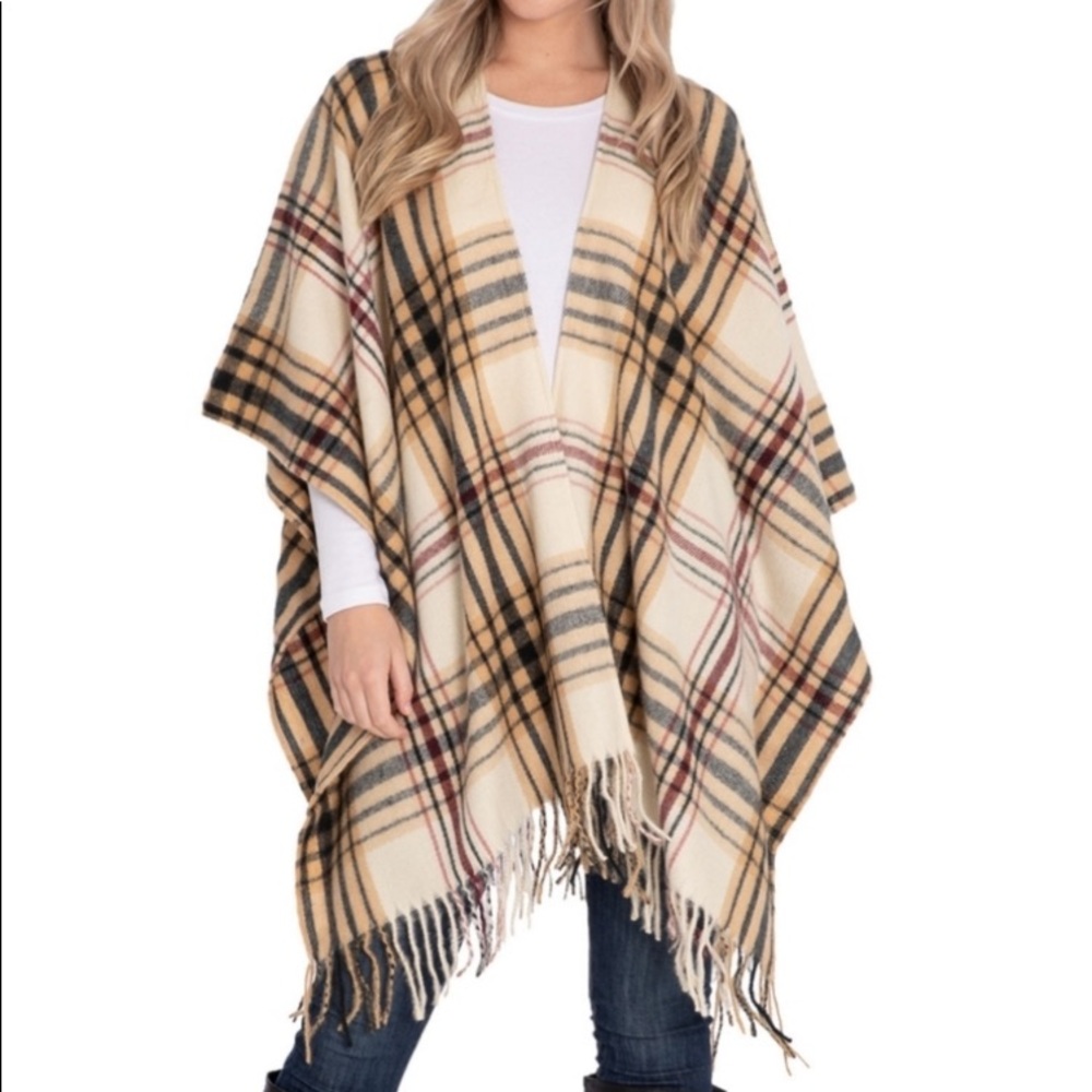 Woolrich Burgundy Plaid Long Cardigan Poncho Wrap NEW